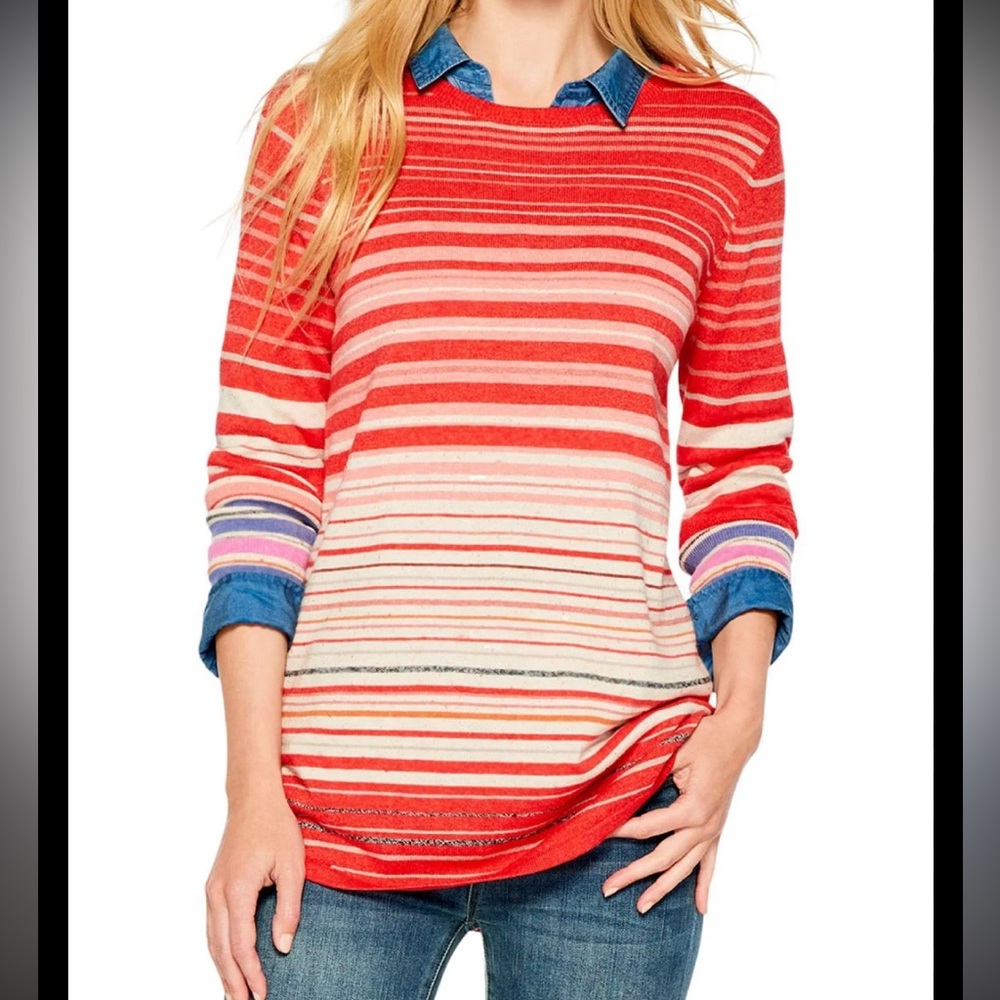 NIC+ZOE Cotton Blend Coral and Cream Striped Knit Top